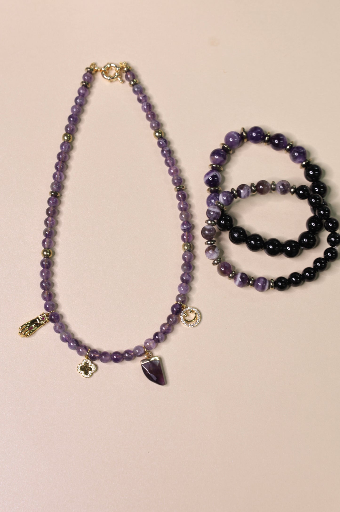 Amethyst Necklace and 2 Amethyst Bracelet Set