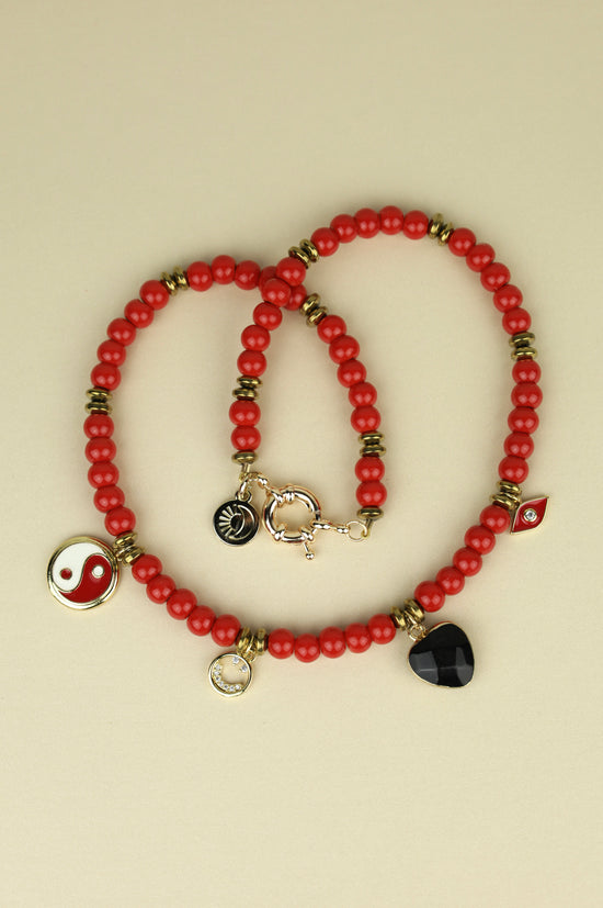 Cherry Red Beaded Charm Necklace