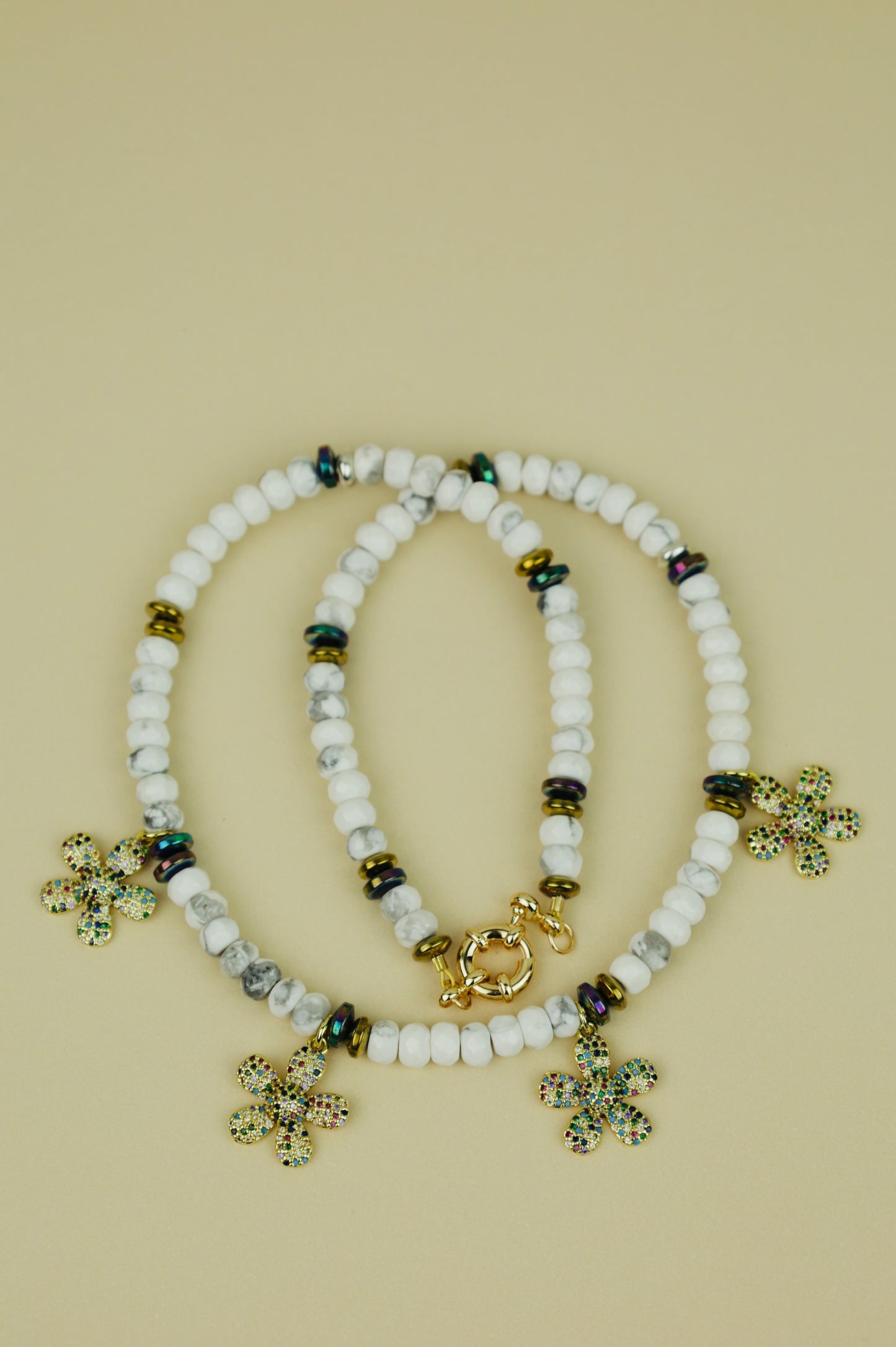 Bloom flower Howlite Beaded Charm Necklace
