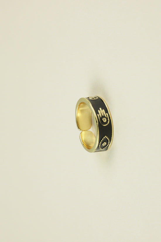 Hamsa and Evil Noir Ring in gold