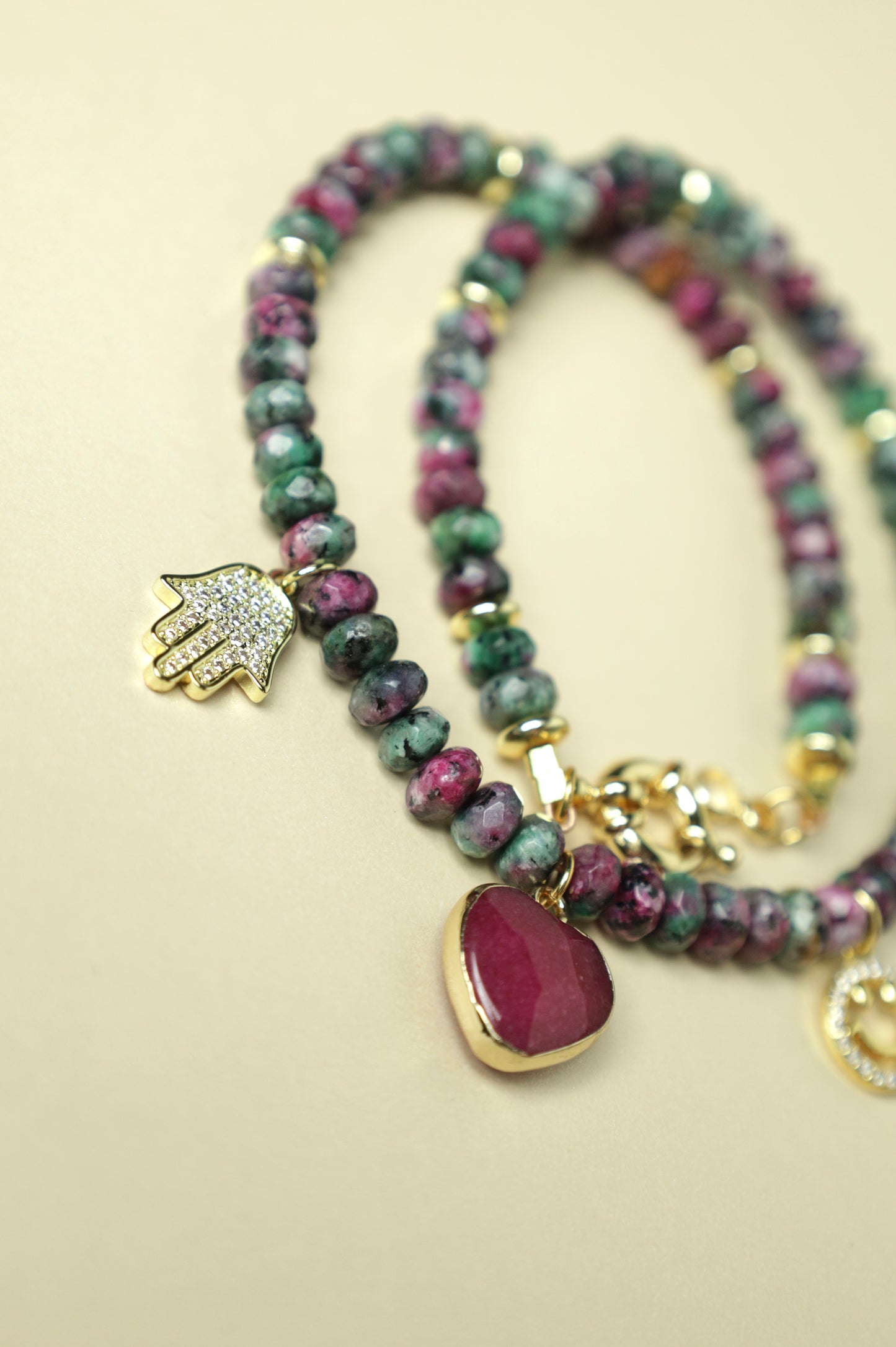 Ruby Zoisite beaded charm necklace