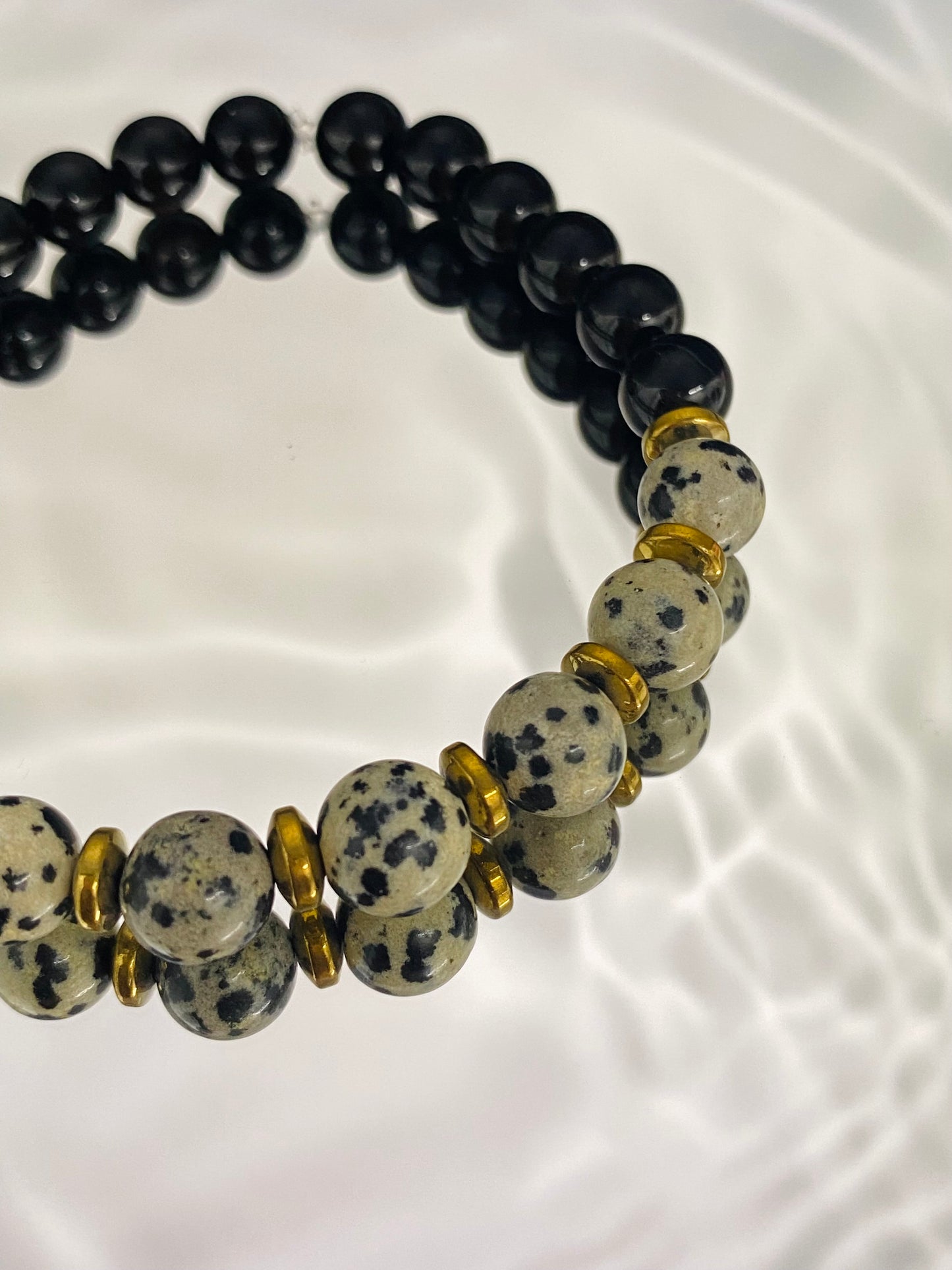 Wholesale 10 mm Dalmatian Jasper + White Wood + Rosewood bead bracelet for  your store - Faire