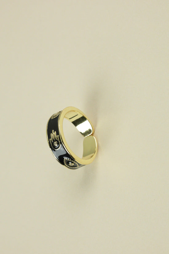 Hamsa and Evil Noir Ring in gold