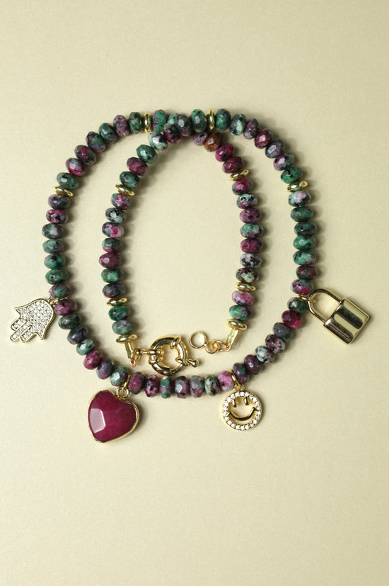 Ruby Zoisite beaded charm necklace