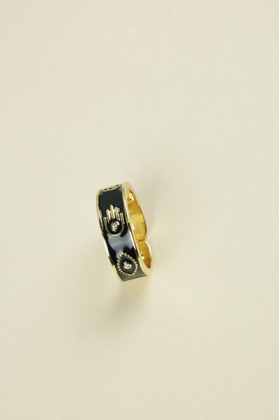 Hamsa and Evil Noir Ring in gold