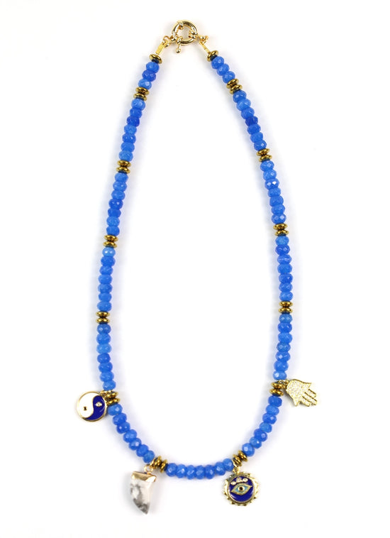 Cobalt Blue Jade Beaded Charm Necklace