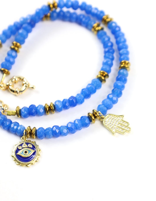 Cobalt Blue Jade Beaded Charm Necklace